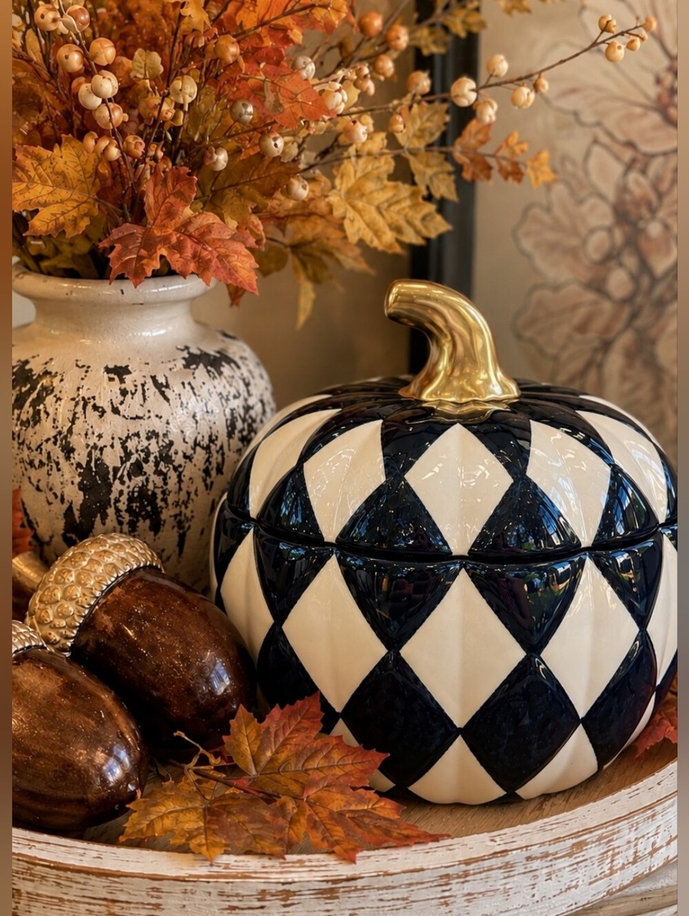 Decorative Black & White Diamond Pumpkin Canister with Gold Stem